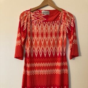 Donna Morgan Orange Pink 3/4 Sleeve Chevron Printed Dress Size 4